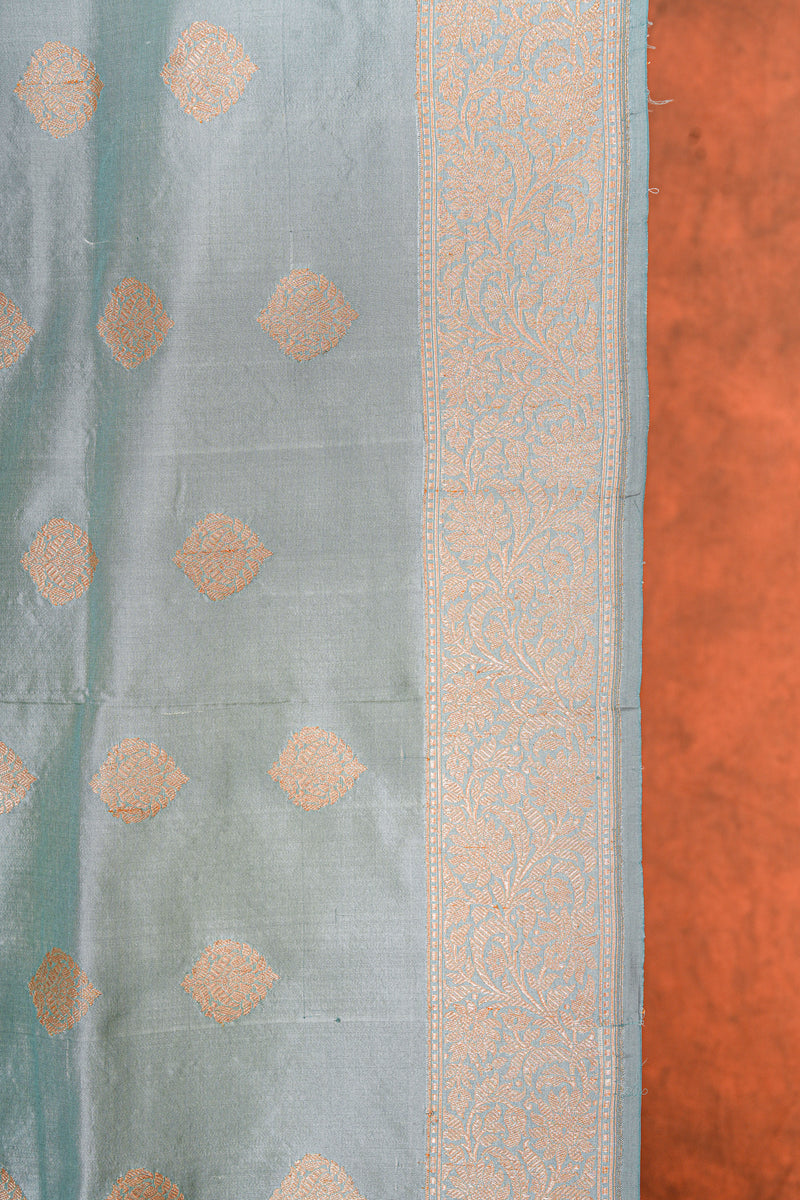 Real Zari Handloom Kadhua Banarasi Katan Silk Saree - Butidar - Light Blue Floral
