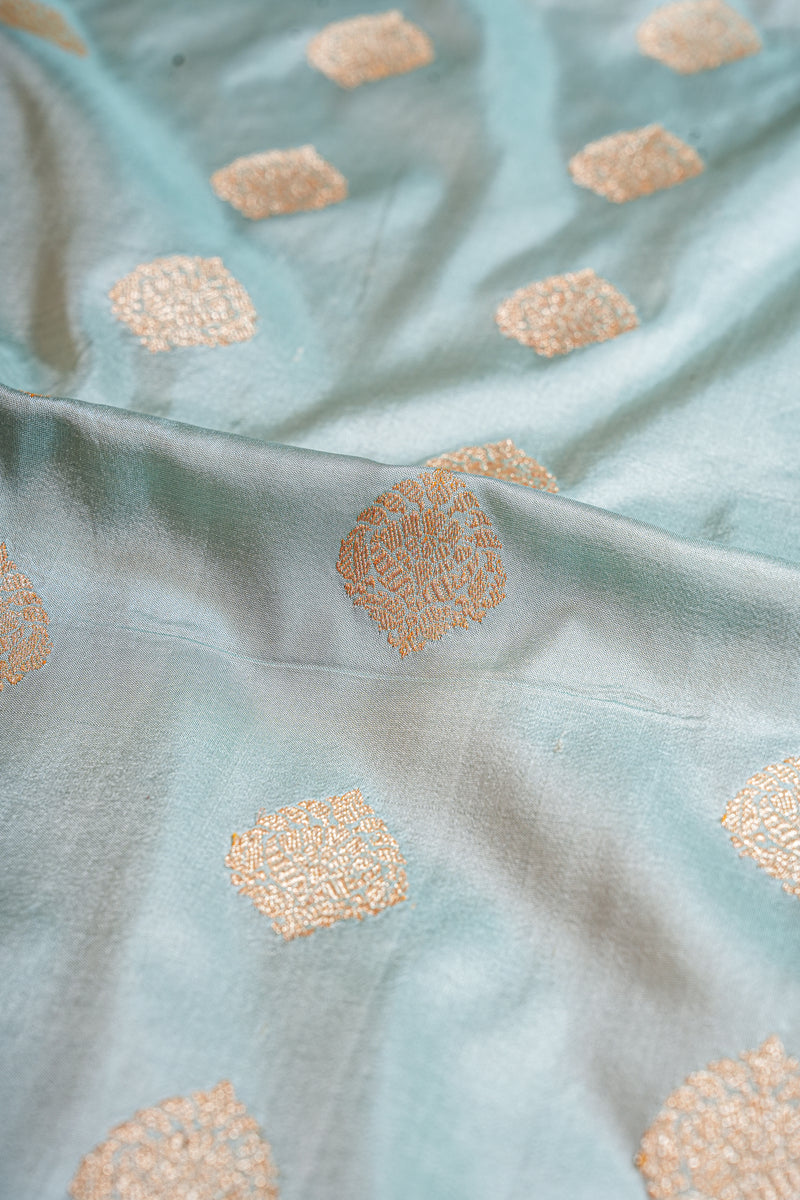 Real Zari Handloom Kadhua Banarasi Katan Silk Saree - Butidar - Light Blue Floral