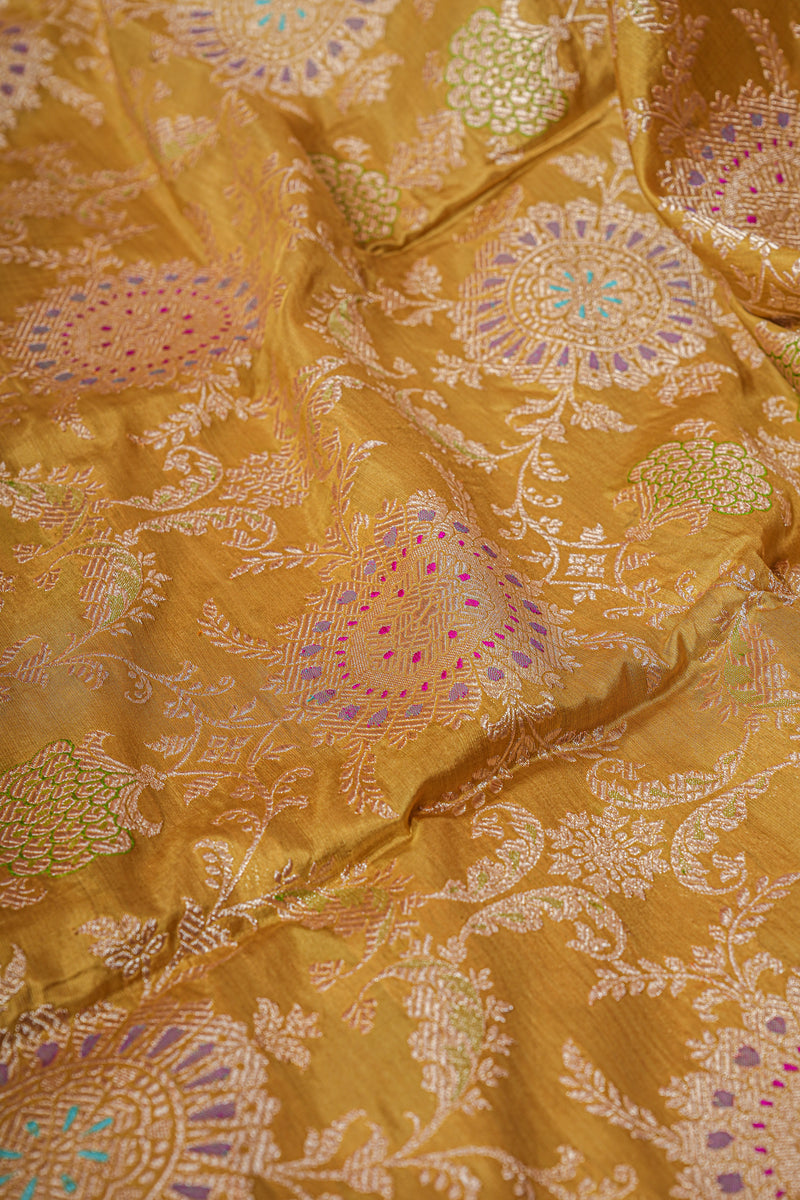 Real Zari Handloom Kadhua Banarasi Katan Silk Saree - Jaangla - Yellow Chakra Minakari