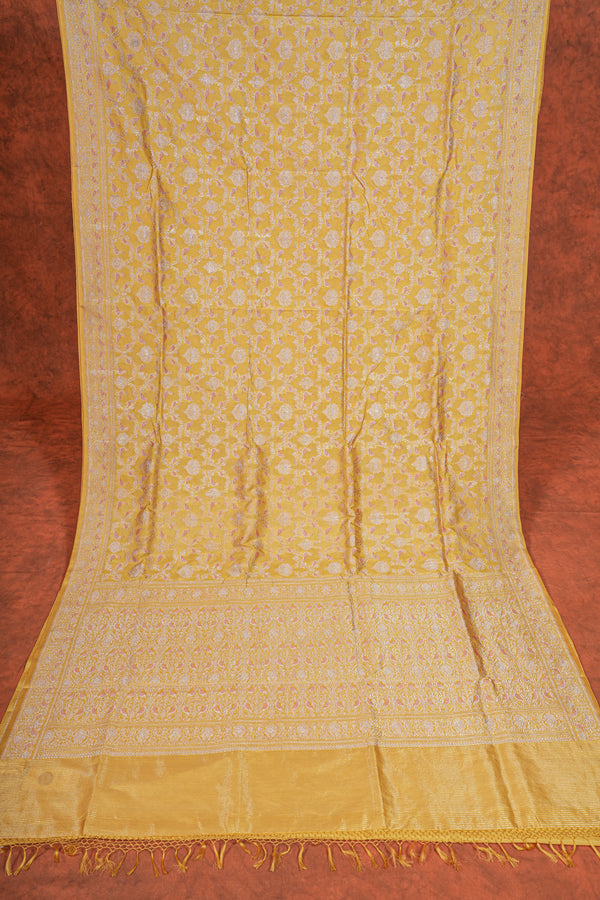 Real Zari Handloom Kadhua Banarasi Katan Silk Saree - Jaangla - Yellow Orange Minakari