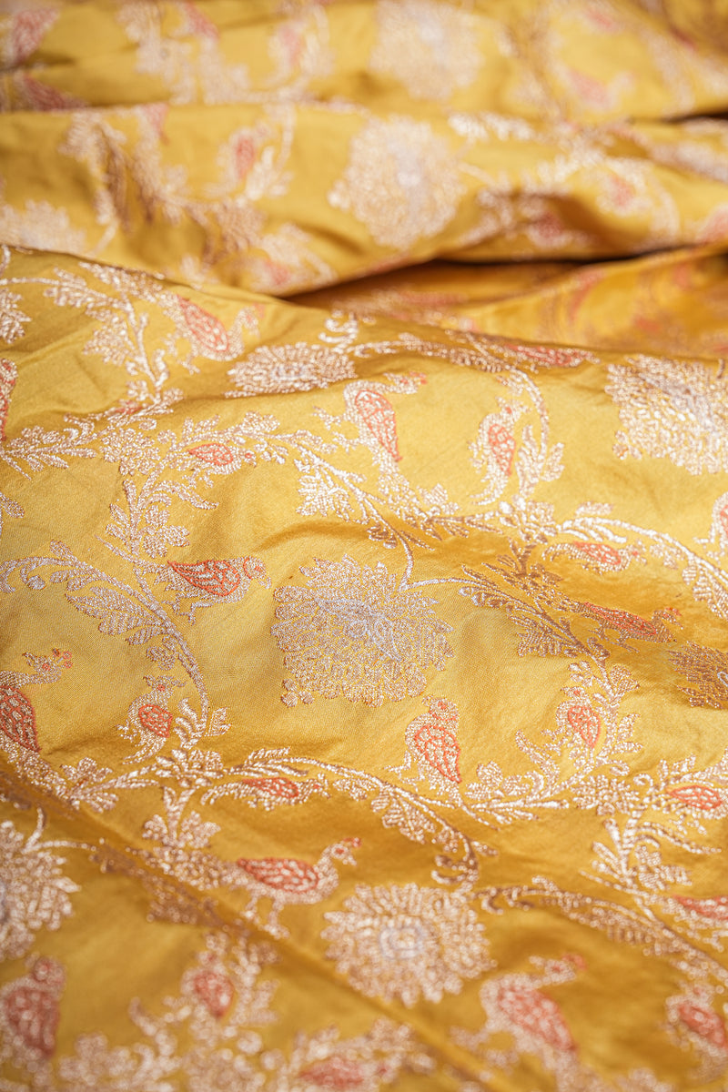 Real Zari Handloom Kadhua Banarasi Katan Silk Saree - Jaangla - Yellow Orange Minakari