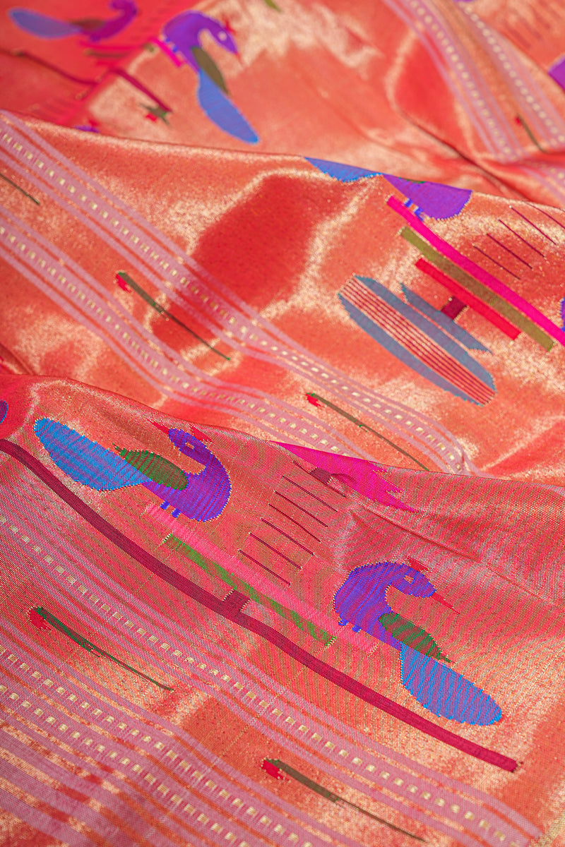 Handloom Paithani Silk Saree - Triple Muniya Peach