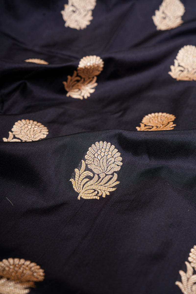 Real Zari Handloom Kadhua Banarasi Katan Silk Saree - Butidar - Black Floral