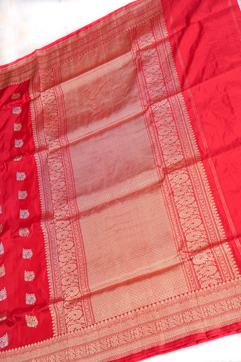 Handloom Kadhua Banarasi Katan Silk Saree - Butidar - Red Sona Rupa Floral
