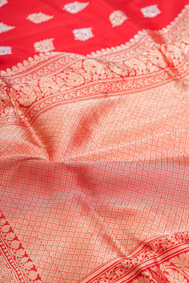 Handloom Kadhua Banarasi Katan Silk Saree - Butidar - Red Sona Rupa Floral