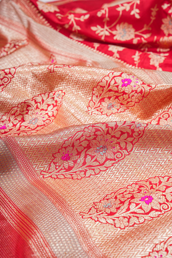 Real Zari Handloom Kadhua Banarasi Katan Silk Saree - Jaangla - Red Minakari