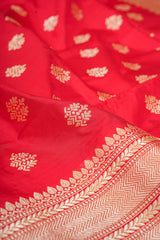 Real Zari Handloom Kadhua Banarasi Katan Silk Saree - Butidar - Red Chevron