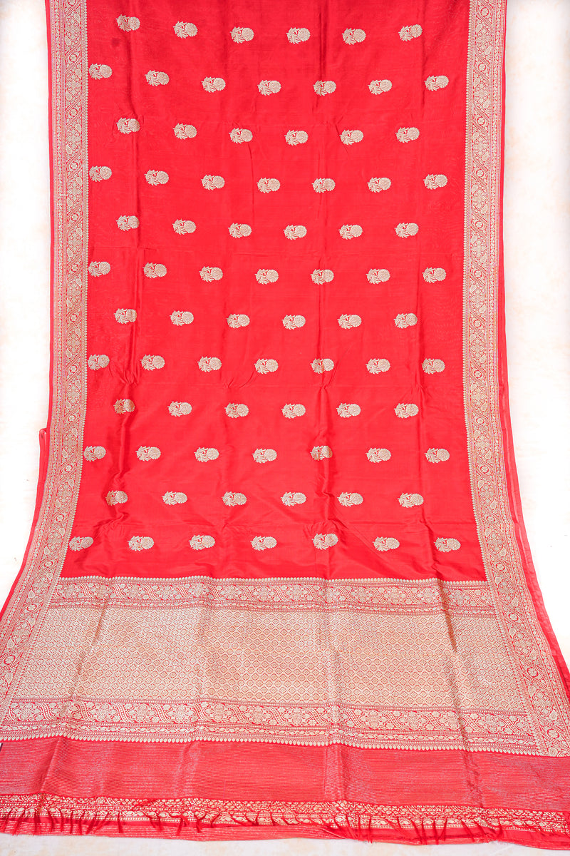 Real Zari Handloom Kadhua Banarasi Katan Silk Saree - Butidar - Red Floral