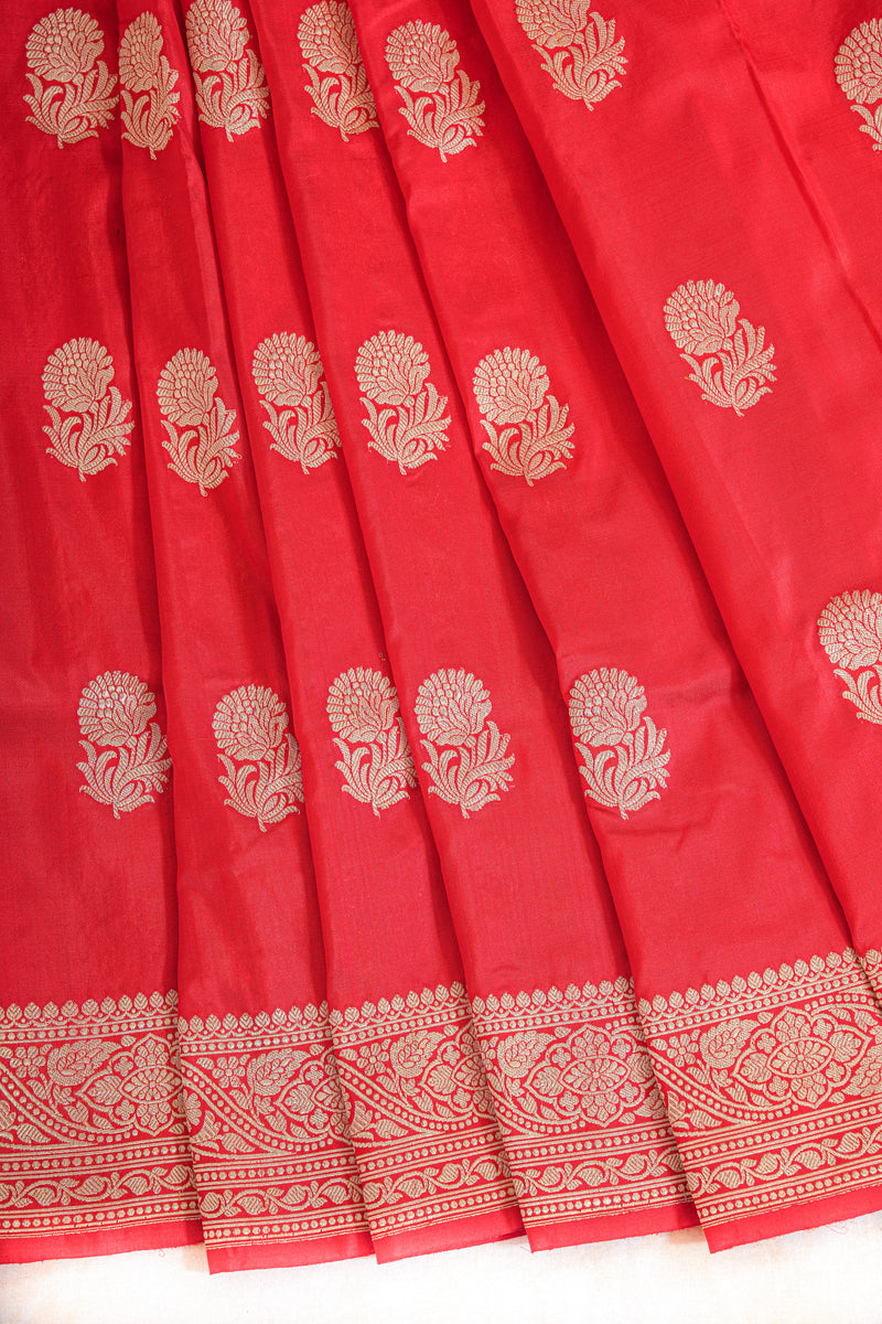 Real Zari Handloom Kadhua Banarasi Katan Silk Saree - Butidar - Red Floral