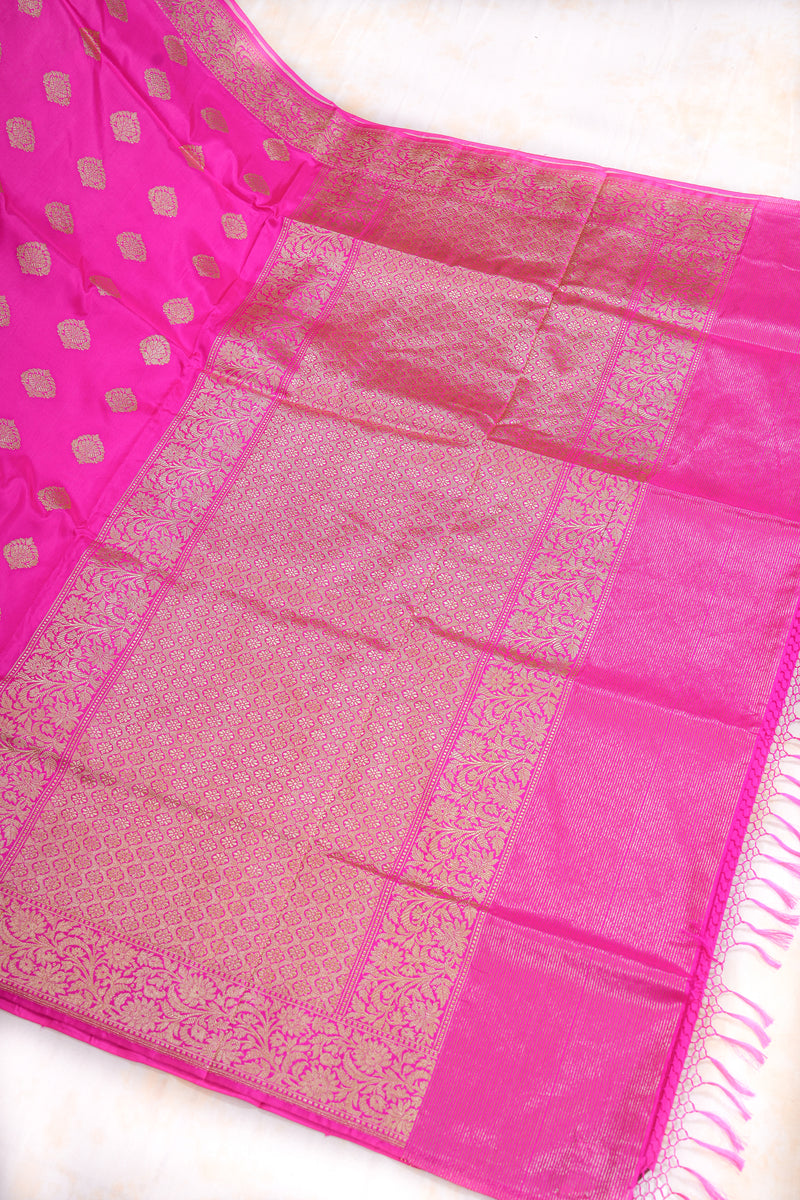 Real Zari Handloom Kadhua Banarasi Katan Silk Saree - Butidar - Hot Floral