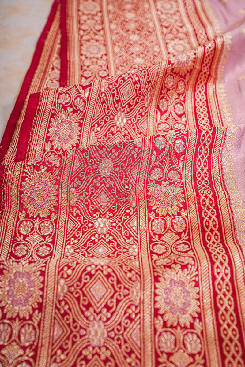 All Gold Zari Banarasi Shalu Pastel Pink  Real Zari Saree- Real gold zari