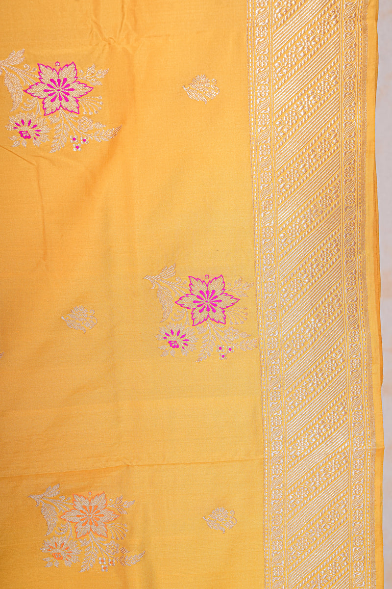 Real Zari Handloom Kadhua Banarasi Katan Silk Saree - Butidar - Yellow Pink Minedar