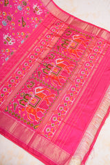 Handloom Ikat Silk Saree-Pink Elephant and Parrot Motif