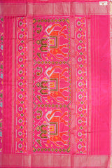 Handloom Ikat Silk Saree-Pink Elephant and Parrot Motif