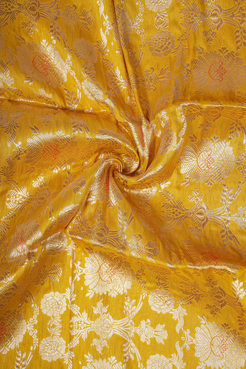 Handloom Banarasi Brocade Silk Fabric - Yellow