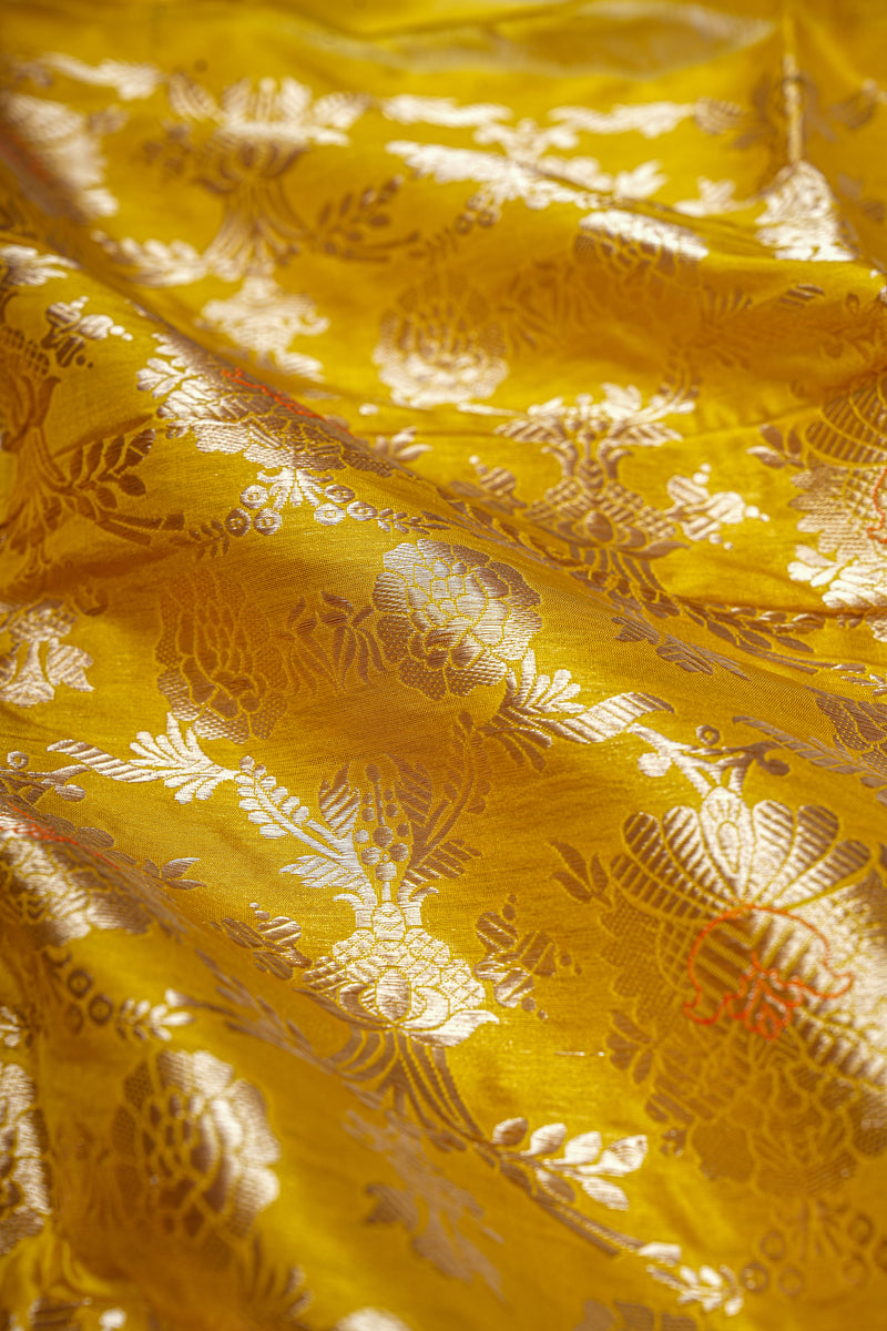 Handloom Banarasi Brocade Silk Fabric - Yellow
