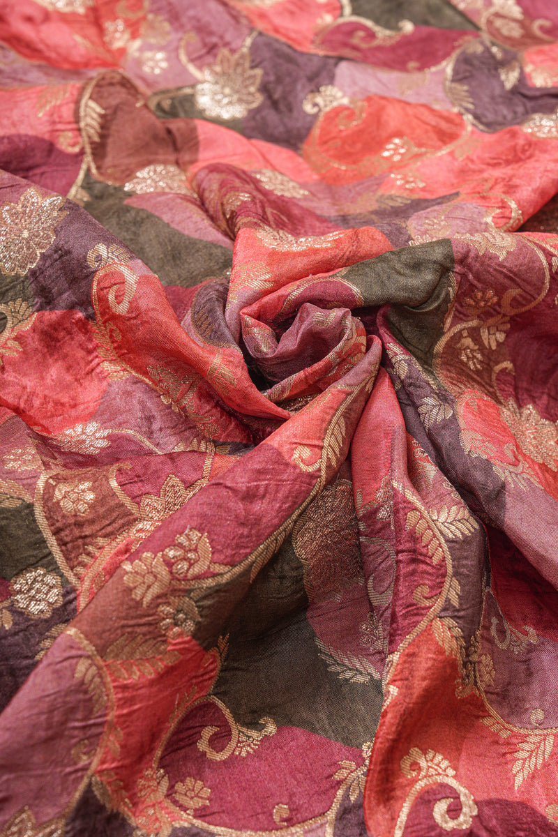 Handloom Banarasi Brocade Silk Fabric - Orange