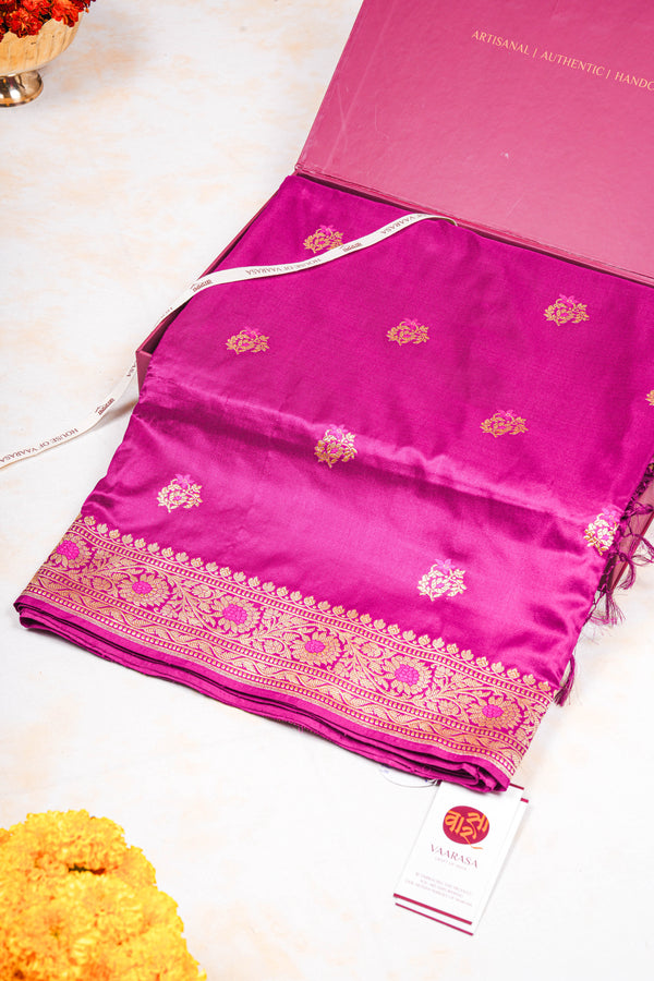 Real Zari Handloom Kadhua Banarasi Katan Silk Saree - Butidar - Purple Minedar