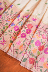 Handloom Paithani Silk Saree - Off White Floral All Over