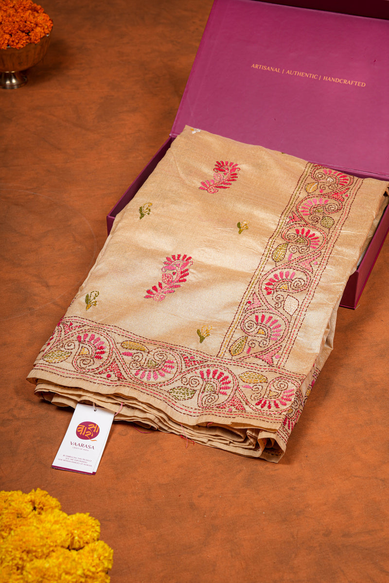 Handembroidered Kantha Silk Saree - Beige