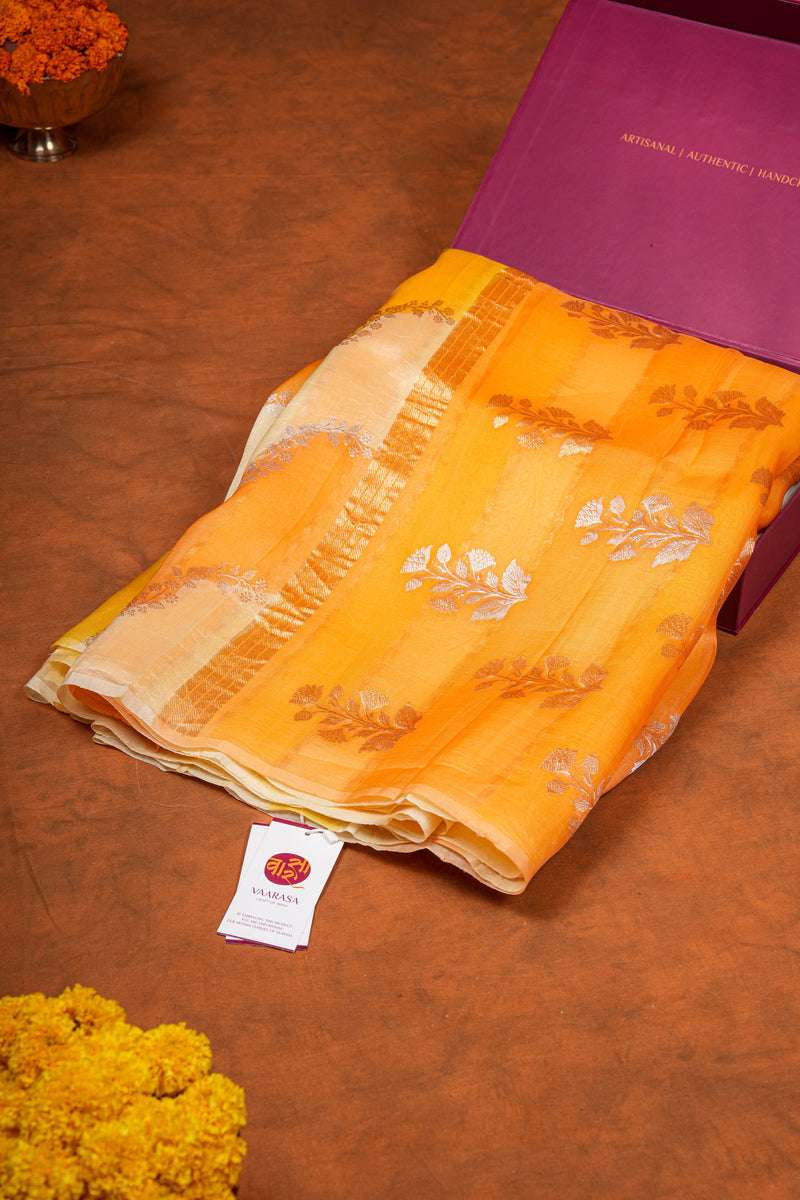 Handloom Kadhua Banarasi Kora Silk Saree - Leheria Floral - Yellow, Musturd