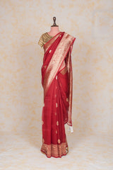 Handloom Kadhua Banarasi Kora Silk Saree - Butidar - Dark Red