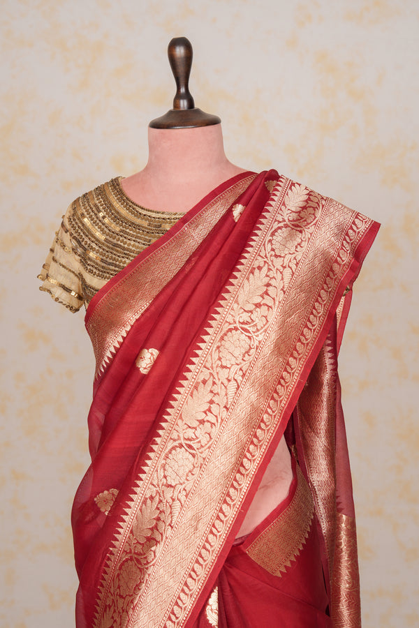 Handloom Kadhua Banarasi Kora Silk Saree - Butidar - Dark Red