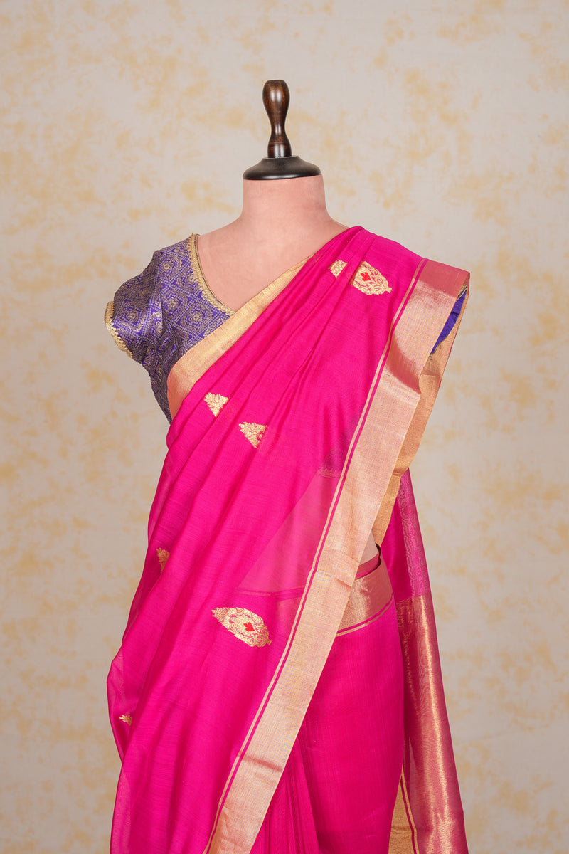 Handloom Cotton Silk Chanderi Saree Dark Pink Gold Red Buta