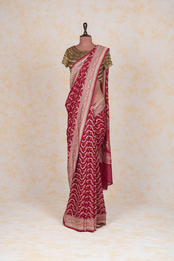 Handloom Georgette Banarasi Silk Saree - Jaal - Red Bandhani