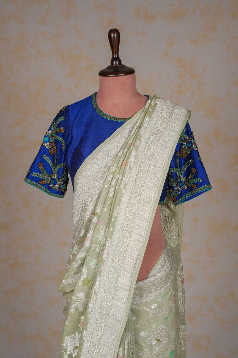 Handloom Georgette Banarasi Silk Saree - Jaal - Pastel Green Minakari