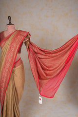 Handloom Georgette Banarasi Silk Saree - Striped - Beige Red
