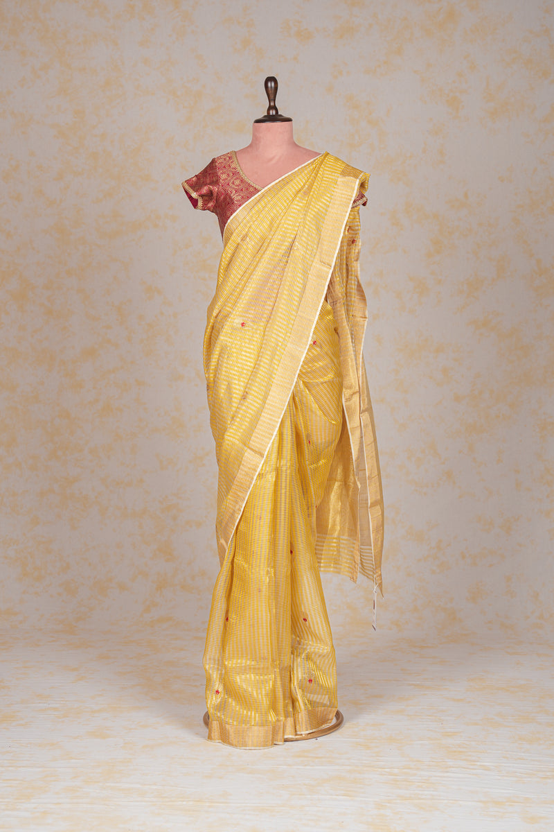 Handloom Chanderi Silk Saree Yellow Striped Floral Red Buta