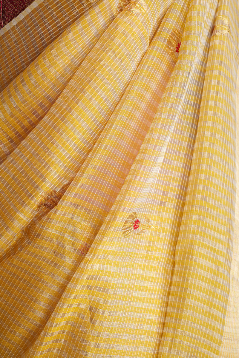 Handloom Chanderi Silk Saree Yellow Striped Floral Red Buta