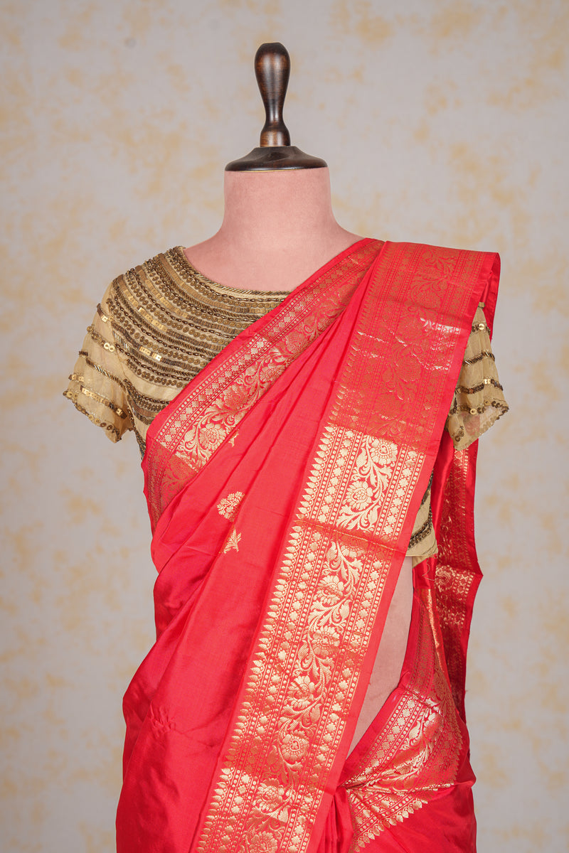 Handloom Kadhua Banarasi Katan Silk Saree - Butidar - Vermillion Red