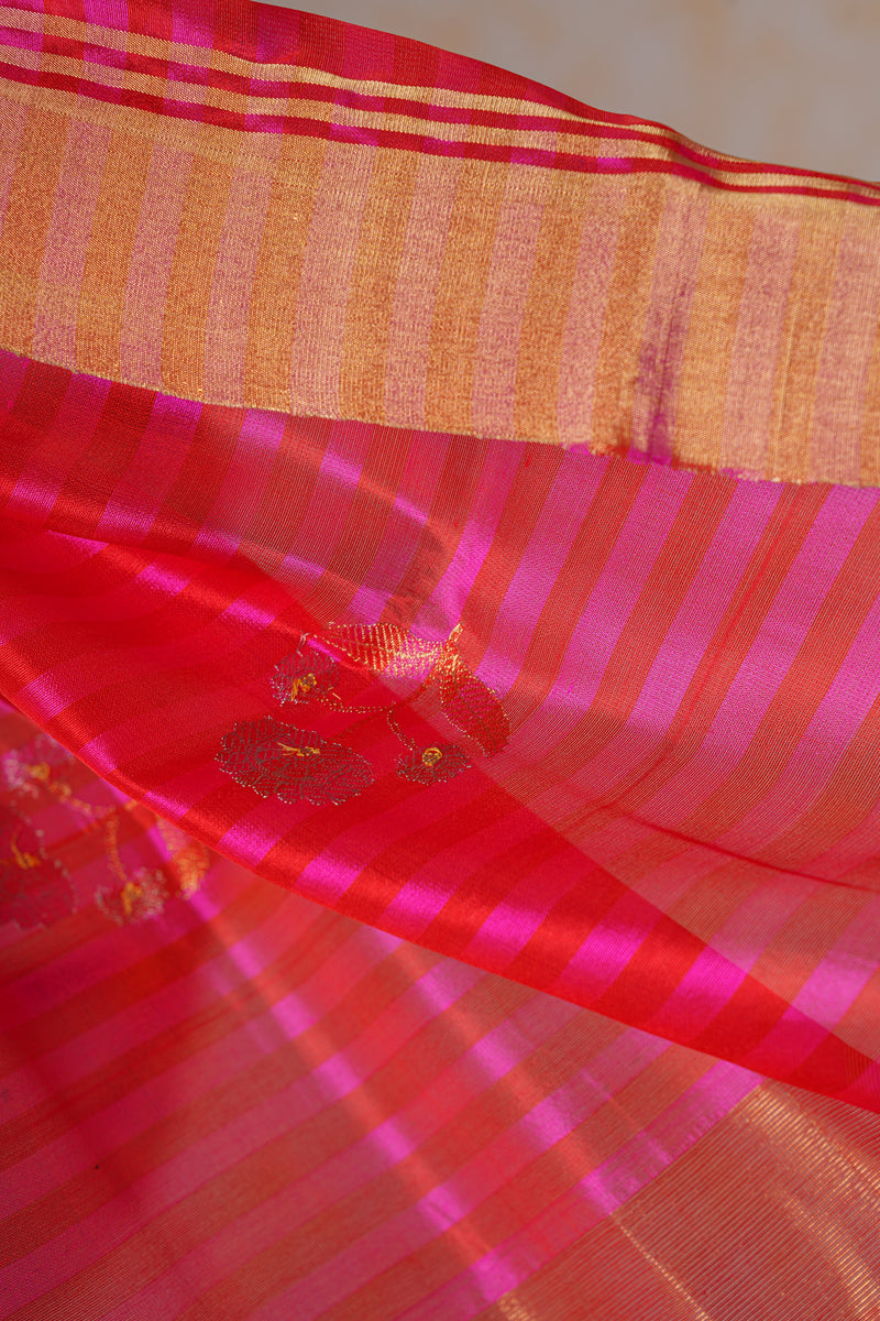 Handloom Cotton Silk Chanderi Saree Pink Red Striped Floral Buta