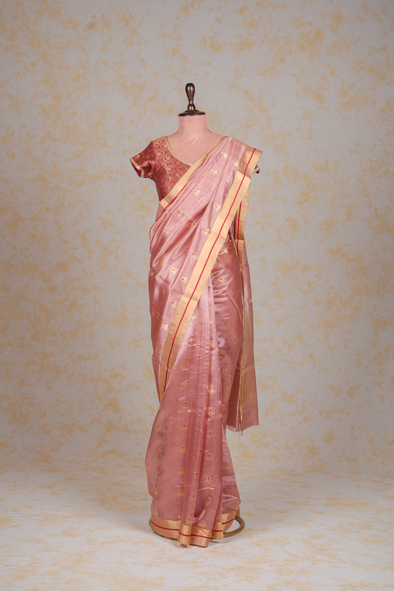 Handloom Chanderi Silk Saree - Dusty Pink Floral Buta