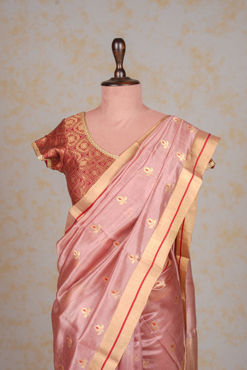 Handloom Chanderi Silk Saree - Dusty Pink Floral Buta
