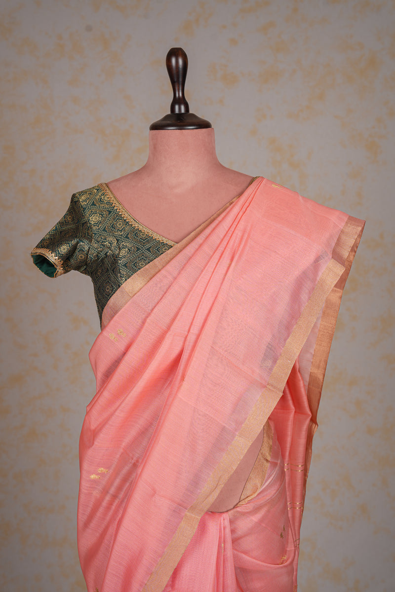 Handloom Chanderi Silk Saree Pastel Pink Gold Buta