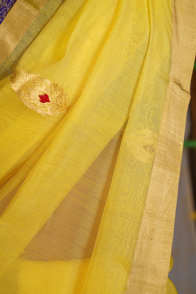 Handloom Cotton Silk Chanderi Saree Lemon Yellow Gold Red Buta
