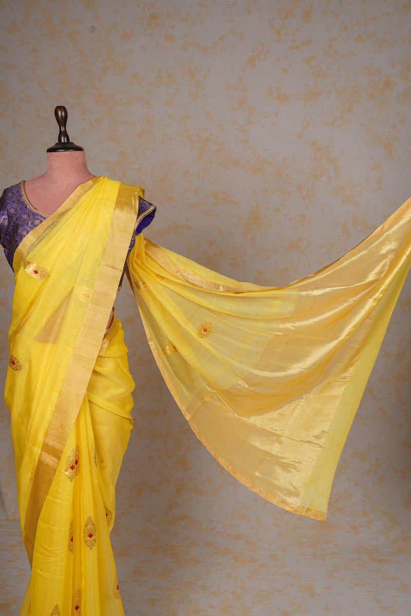 Handloom Cotton Silk Chanderi Saree Lemon Yellow Gold Red Buta