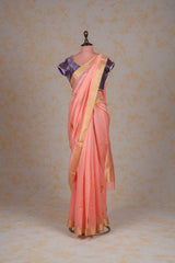 Handloom Cotton Silk Chanderi Saree Pastel Pink Gold Red Buta