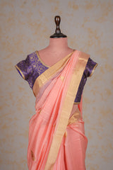 Handloom Cotton Silk Chanderi Saree Pastel Pink Gold Red Buta