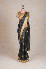 Handloom Cotton Silk Chanderi Saree Black Blue Gold Floral Buta