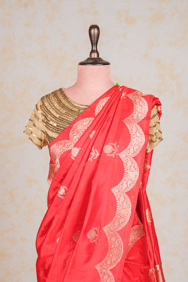 Handloom Kadhua Banarasi Katan Silk Saree - Scallop - Red