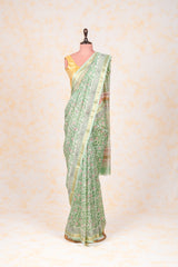 Cotton Hand Block Print Saree With Zari Border-Light Green
