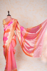 Handloom Kadhua Banarasi Kora Silk Saree - Rangkat- Pink Orange