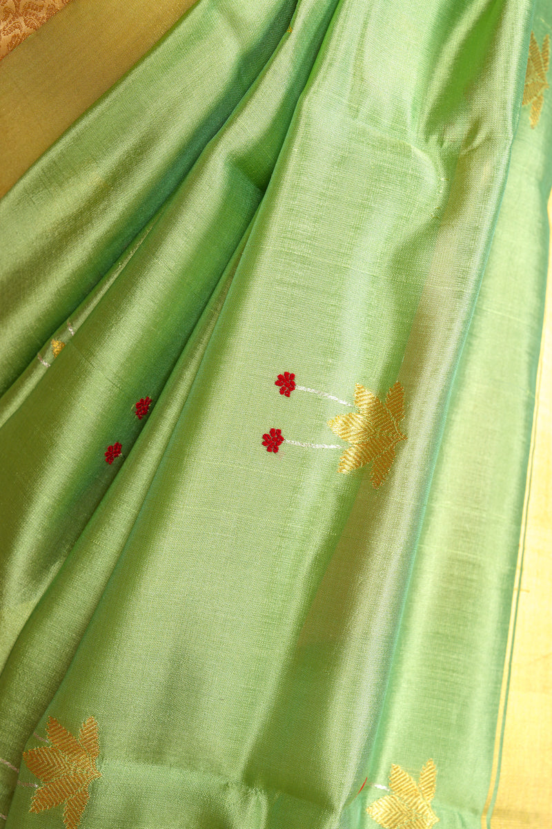 Handloom Cotton Silk Chanderi Saree Green Gold Buta