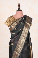 Handloom Kadhua Banarasi Kora Silk Saree - Butidar - Black