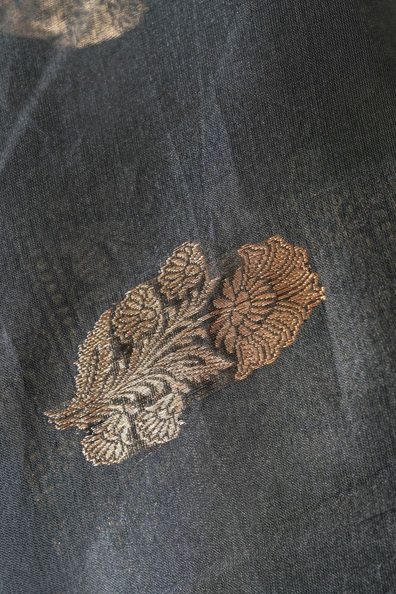 Handloom Kadhua Banarasi Kora Silk Saree - Butidar - Black