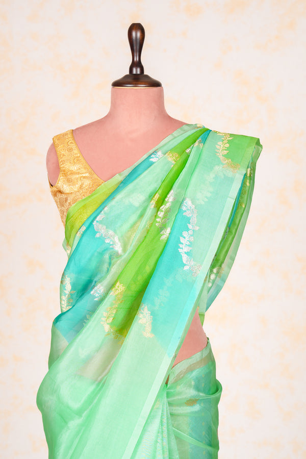 Handloom Kadhua Banarasi Kora Silk Saree - Leheria Floral - Green, Blue